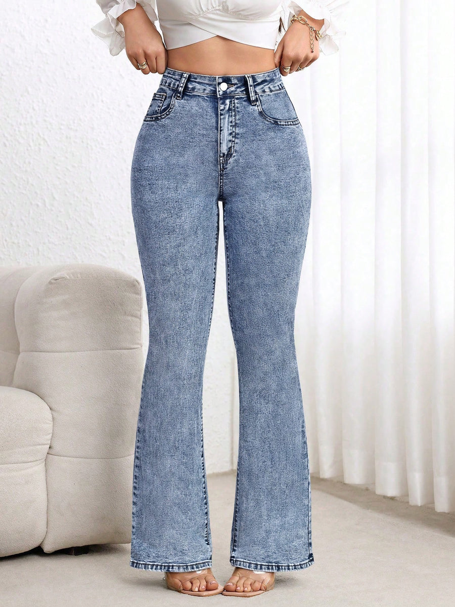 Cloud Blue Slim-Flare Denim – Blue Flare Jeans Model View – Glossia Fashion
