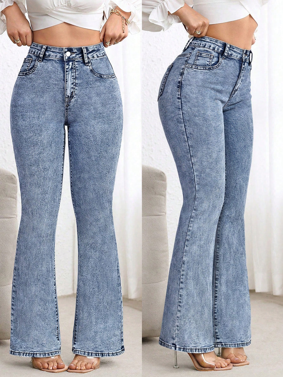 Cloud Blue Slim-Flare Denim – Blue Flare Jeans Style View – Glossia Fashion