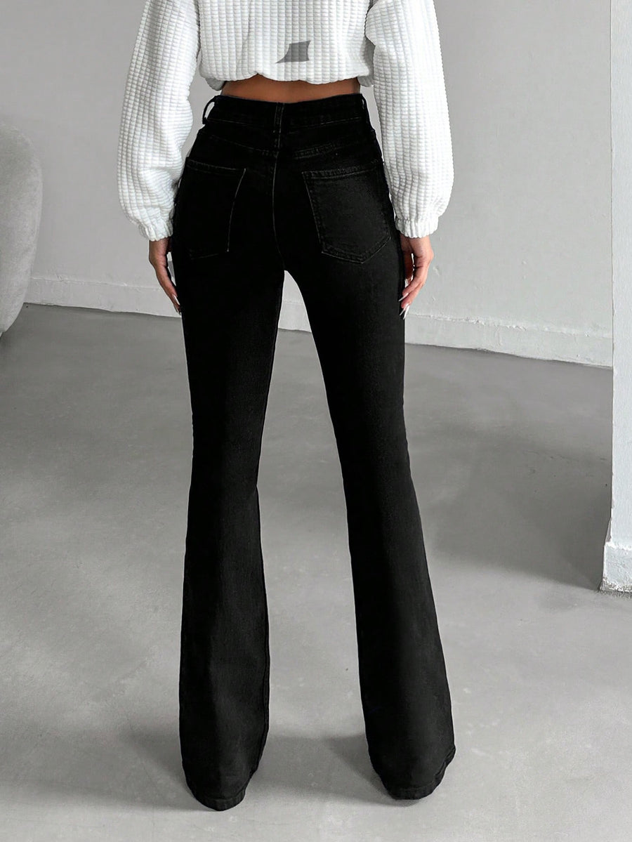 Classic Black High-Rise Bootcut Jeans – Black Bootcut Jeans Side View – Glossia Fashion