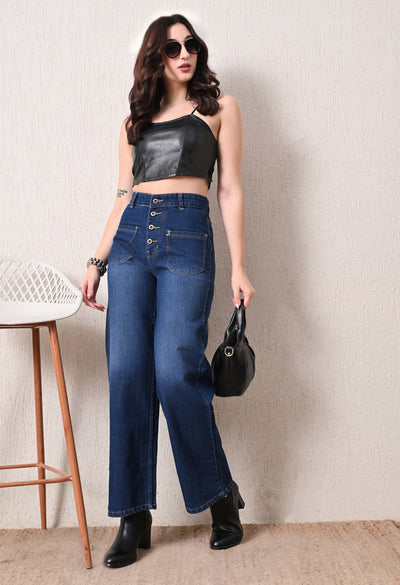 Coastal Button Wide-Leg Jeans – Dark Blue Wide-Leg Jeans – Glossia Fashion