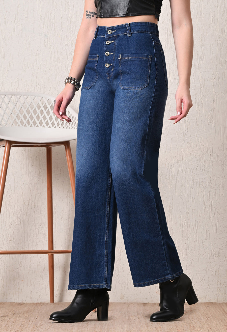 Coastal Button Wide-Leg Jeans – Dark Blue Wide-Leg Jeans Back View – Glossia Fashion