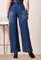 Coastal Button Wide-Leg Jeans – Dark Blue Wide-Leg Jeans Detail View – Glossia Fashion