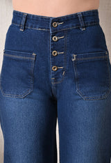 Coastal Button Wide-Leg Jeans – Dark Blue Wide-Leg Jeans Style View – Glossia Fashion