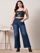 Coastal Button Wide-Leg Jeans – Dark Blue Wide-Leg Jeans Side View – Glossia Fashion