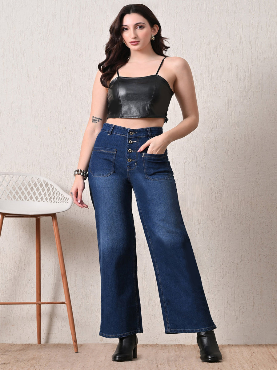Coastal Button Wide-Leg Jeans – Dark Blue Wide-Leg Jeans Side View – Glossia Fashion