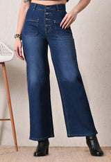 Coastal Button Wide-Leg Jeans – Dark Blue Wide-Leg Jeans Front View – Glossia Fashion