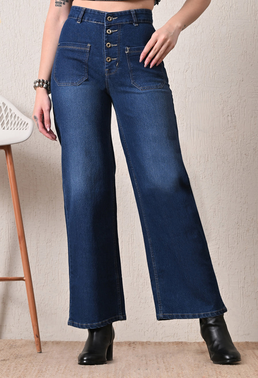 Coastal Button Wide-Leg Jeans – Dark Blue Wide-Leg Jeans Front View – Glossia Fashion