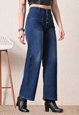 Coastal Button Wide-Leg Jeans – Dark Blue Wide-Leg Jeans Model View – Glossia Fashion