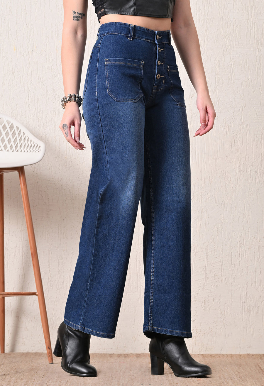 Coastal Button Wide-Leg Jeans – Dark Blue Wide-Leg Jeans Model View – Glossia Fashion
