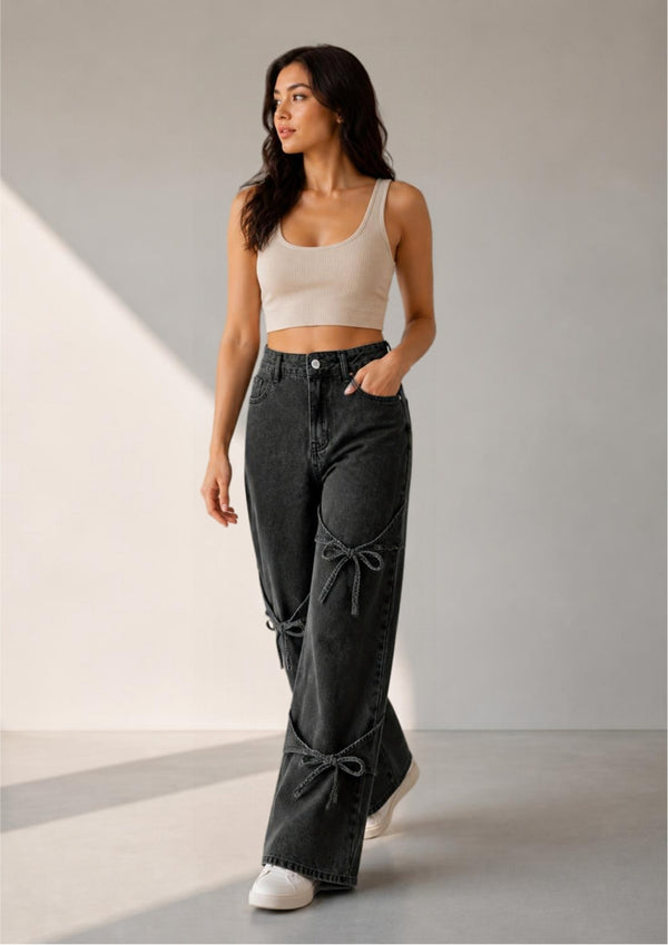 Bow Down Wide Leg Jeans – Black