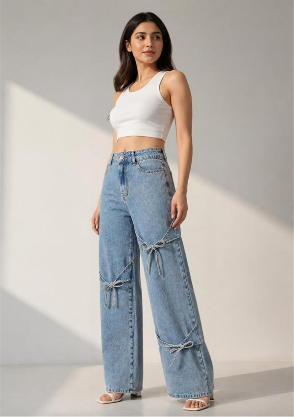Bow Down Wide Leg Jeans – Light Blue