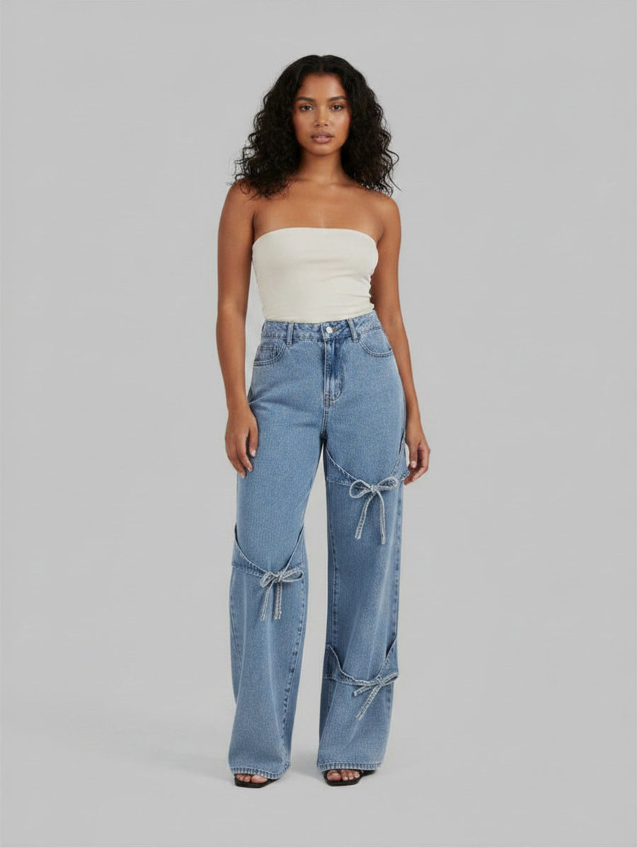 Bow Down Wide Leg Jeans – Light Blue