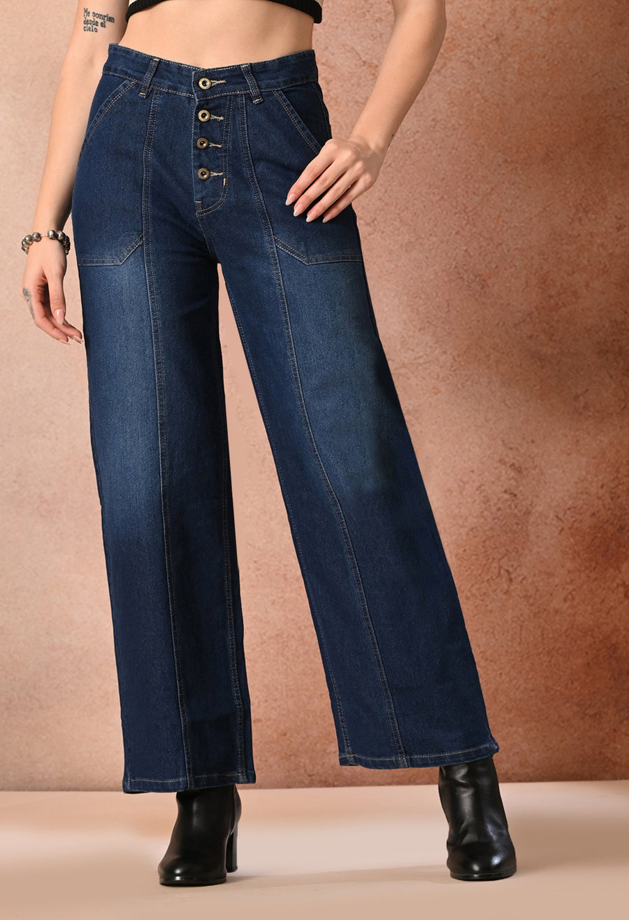 Everyday Retro Wide Denim – Dark Blue Wide-Leg Jeans Front View – Glossia Fashion
