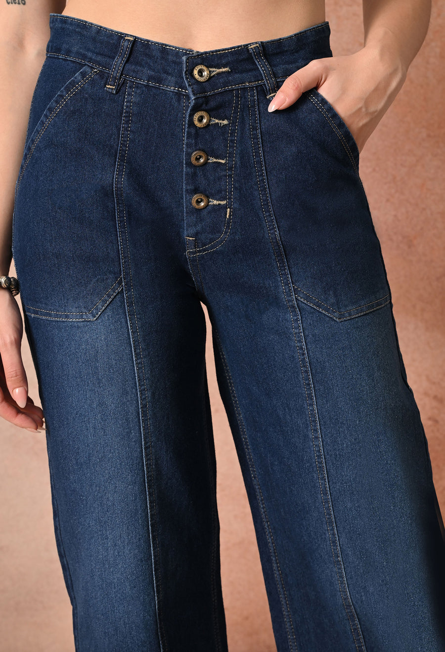 Everyday Retro Wide Denim – Dark Blue Wide-Leg Jeans Style View – Glossia Fashion
