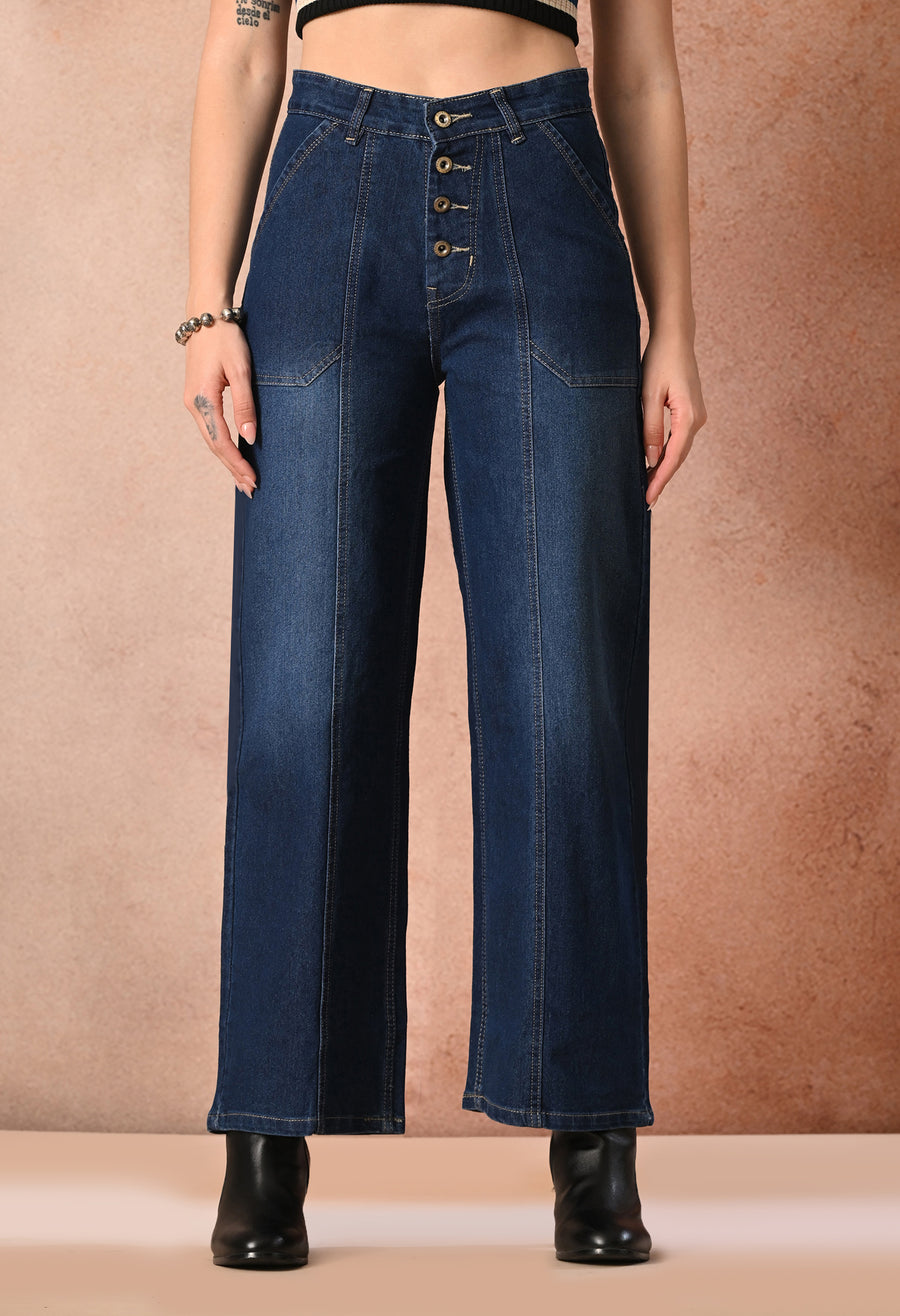 Everyday Retro Wide Denim – Dark Blue Wide-Leg Jeans Model View – Glossia Fashion