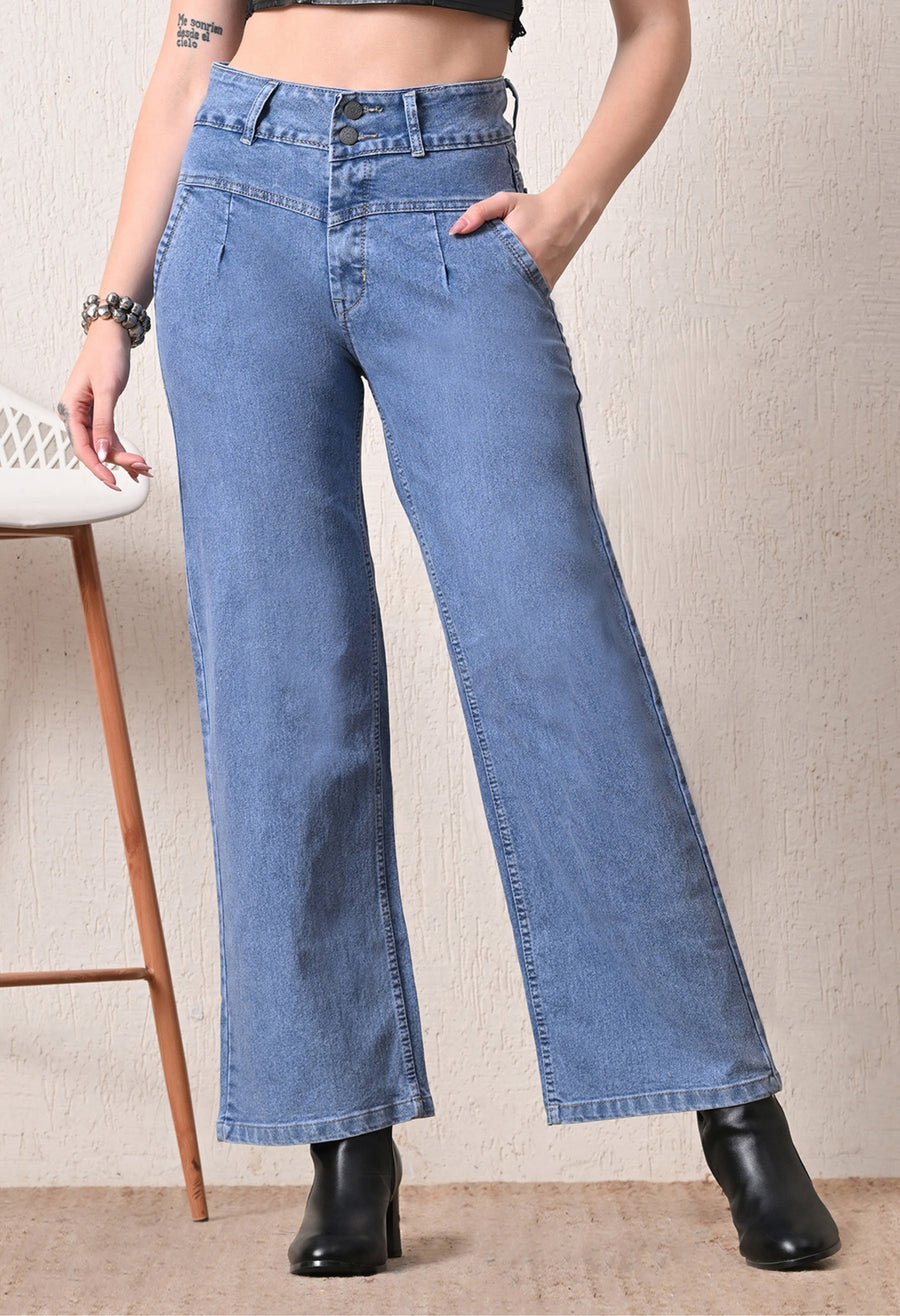 Shadow Luxe Wide Legs – Light Blue Wide-Leg Jeans Model View – Glossia Fashion