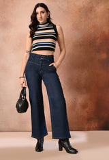 Shadow Luxe Wide Legs – Navy Blue Wide-Leg Jeans Model View – Glossia Fashion