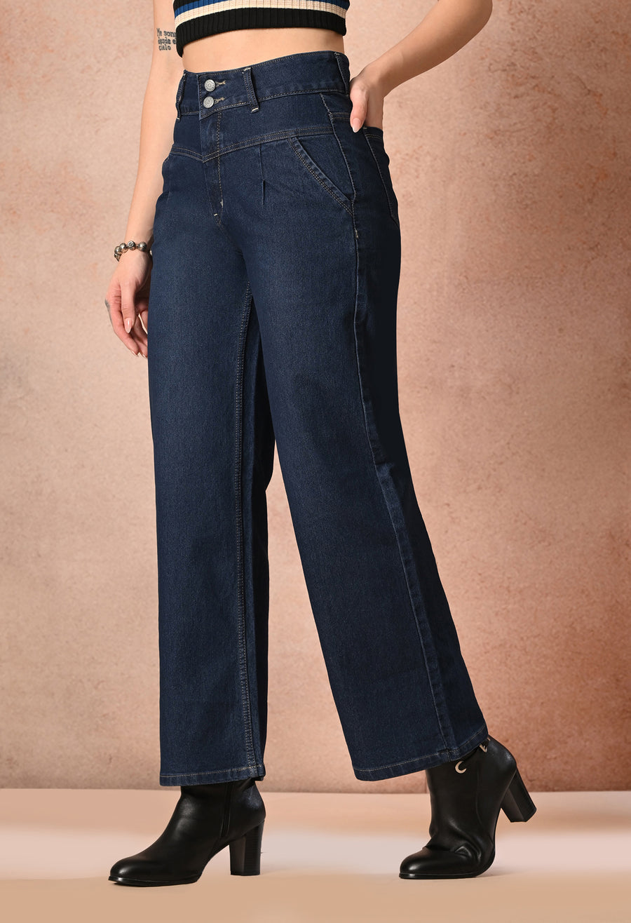 Shadow Luxe Wide Legs – Navy Blue Wide-Leg Jeans Full Length – Glossia Fashion