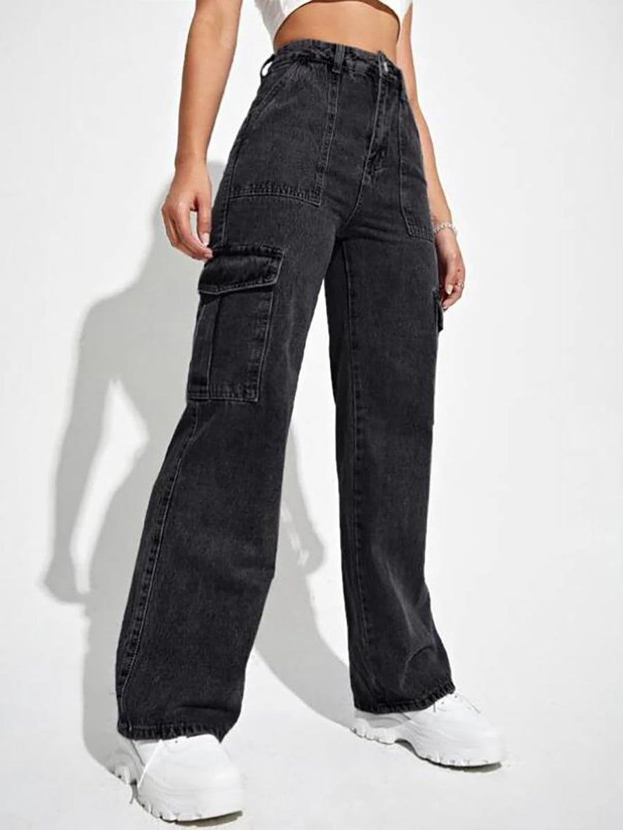 Trailblazer Cargo Denim Jeans – Black Cargo Jeans Front View – Glossia Fashion