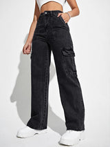 Trailblazer Cargo Denim Jeans – Black Cargo Jeans Side View – Glossia Fashion