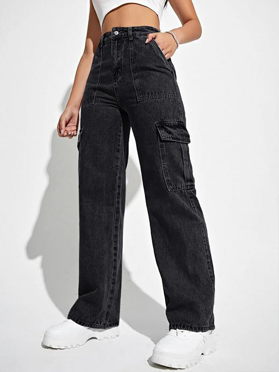 Trailblazer Cargo Denim Jeans – Black Cargo Jeans Side View – Glossia Fashion