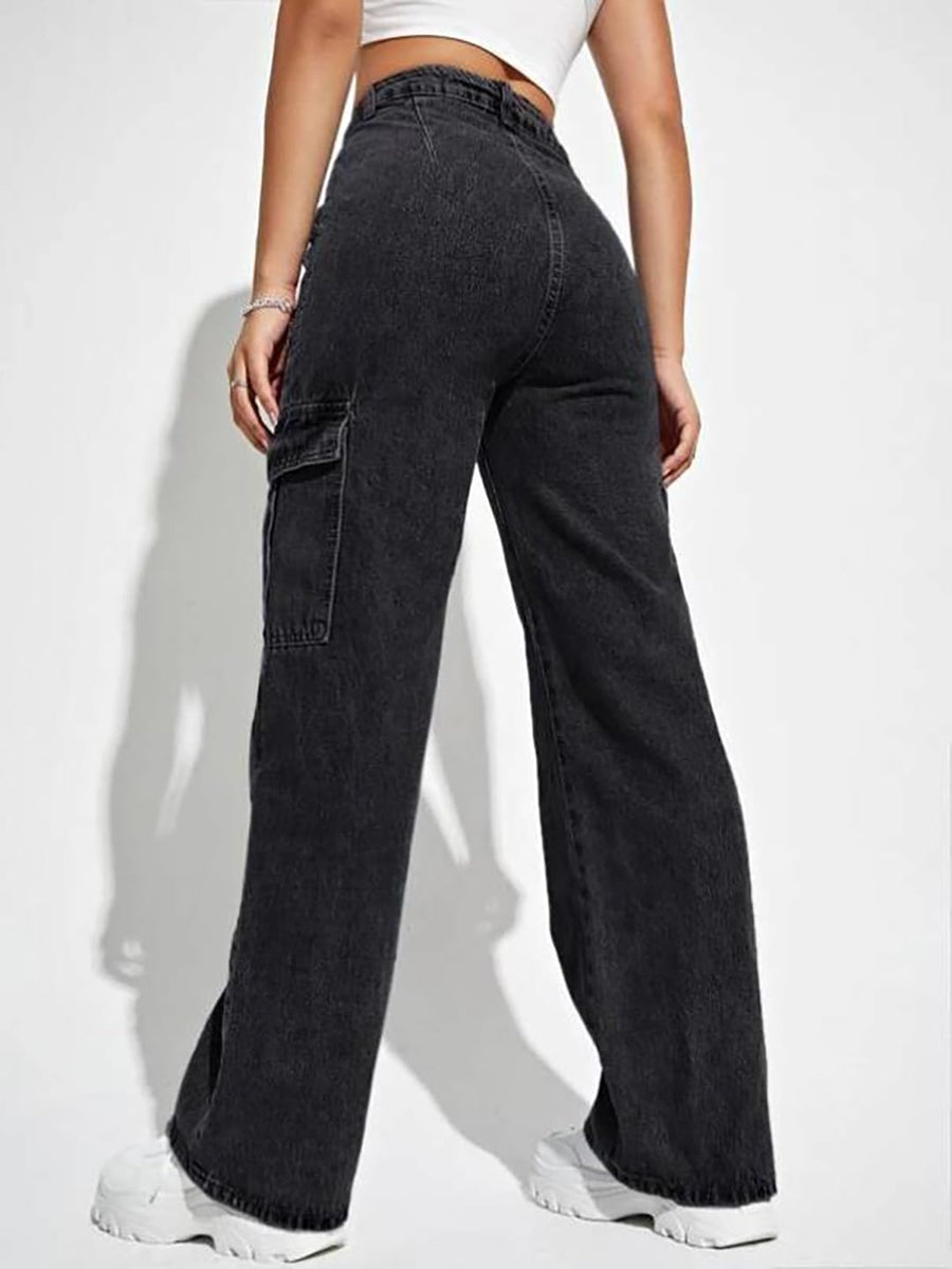 Trailblazer Cargo Denim Jeans – Black Cargo Jeans Back View – Glossia Fashion