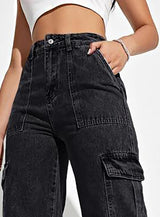 Trailblazer Cargo Denim Jeans – Black Cargo Jeans Detail View – Glossia Fashion