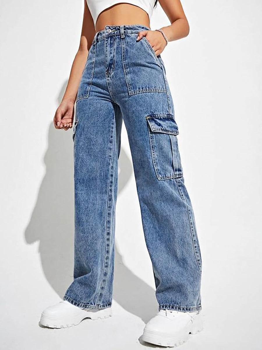 Trailblazer Cargo Denim Jeans – Blue Cargo Jeans Side View – Glossia Fashion