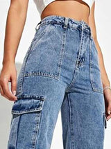 Trailblazer Cargo Denim Jeans – Blue Cargo Jeans Detail View – Glossia Fashion