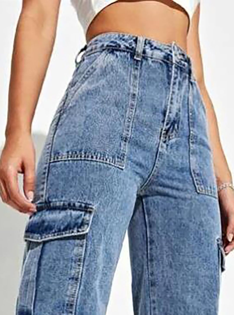 Trailblazer Cargo Denim Jeans – Blue Cargo Jeans Detail View – Glossia Fashion