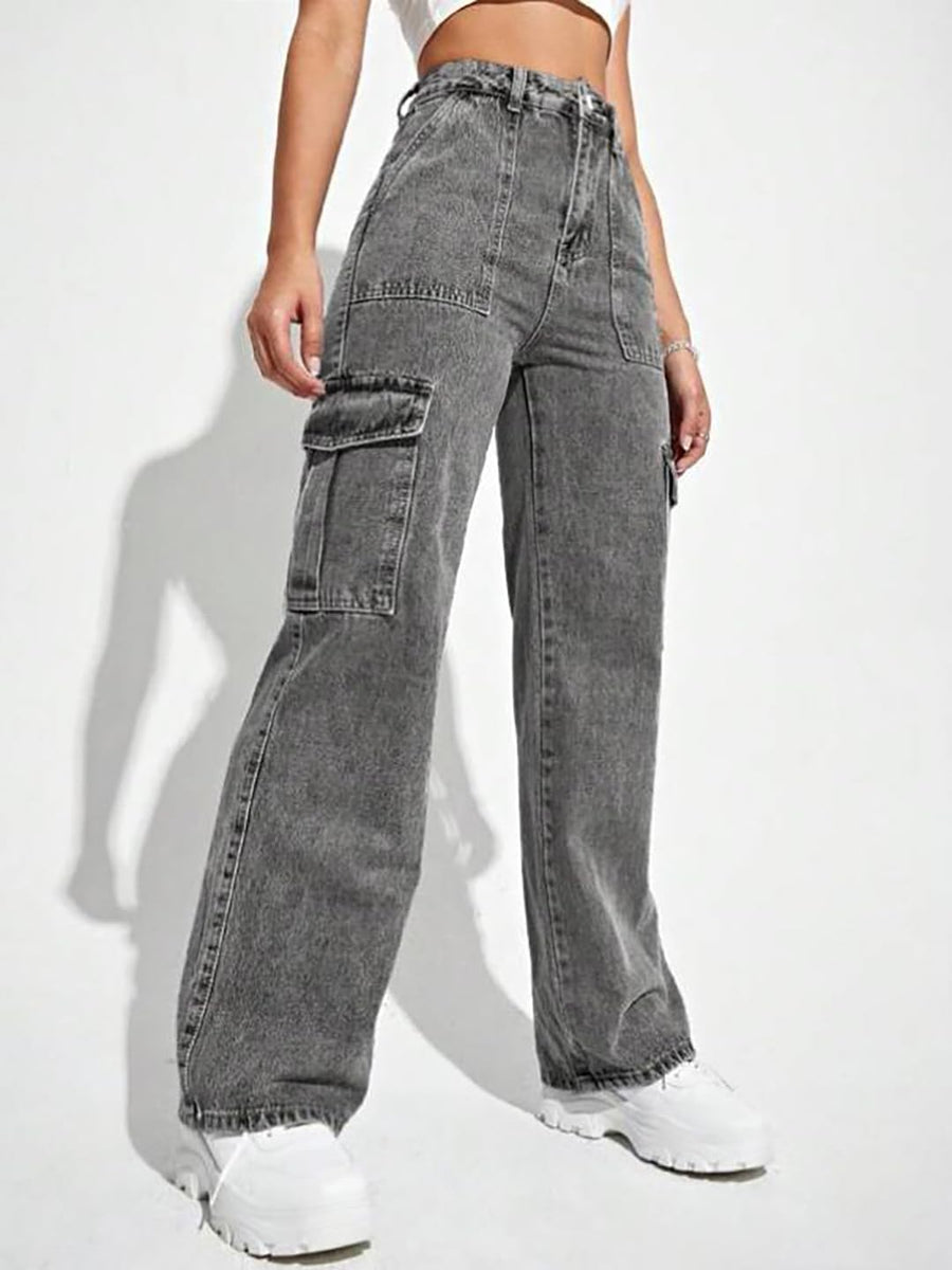 Trailblazer Cargo Denim Jeans – Grey Cargo Jeans Side View – Glossia Fashion