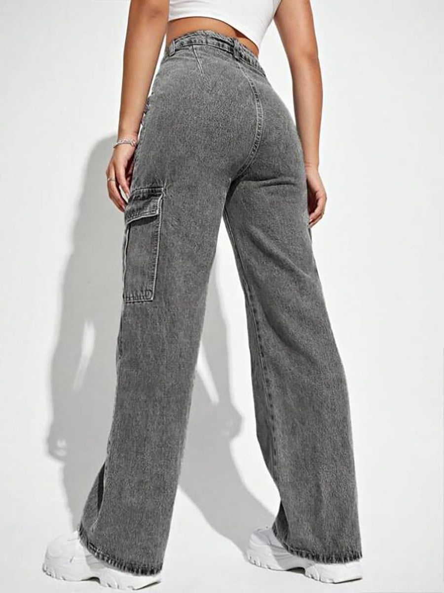 Trailblazer Cargo Denim Jeans – Grey Cargo Jeans Back View – Glossia Fashion