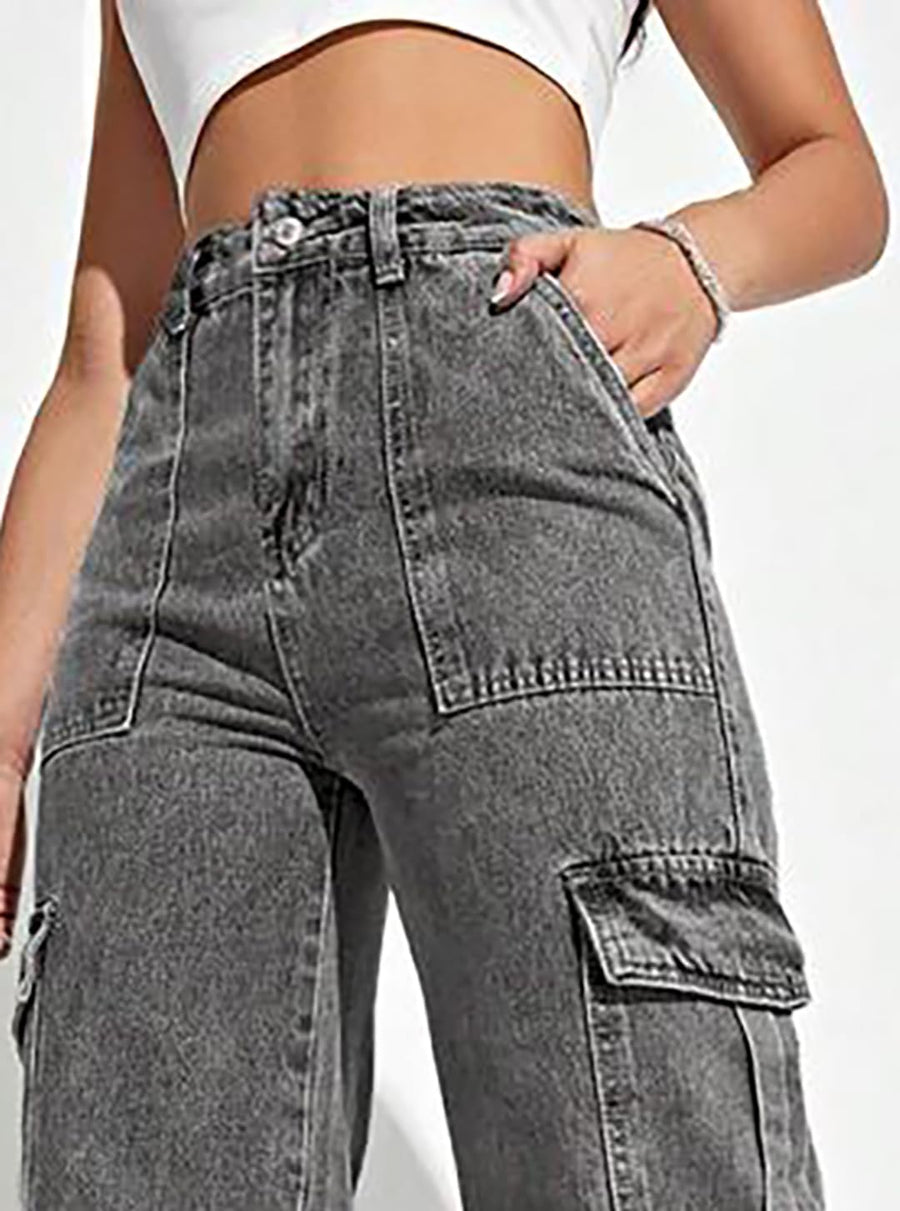 Trailblazer Cargo Denim Jeans – Grey Cargo Jeans Detail View – Glossia Fashion