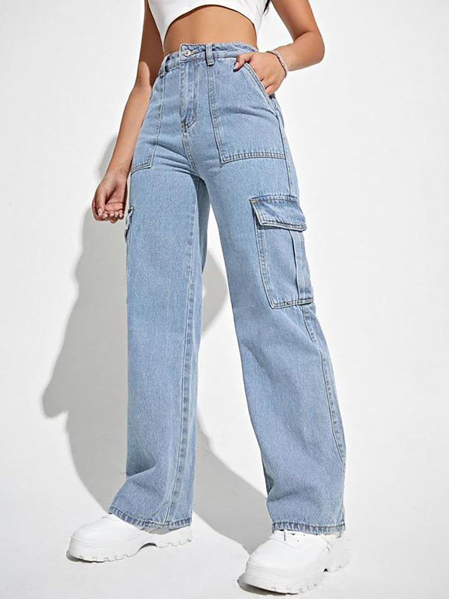 Trailblazer Cargo Denim Jeans – Light Blue Cargo Jeans Front View – Glossia Fashion