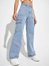 Trailblazer Cargo Denim Jeans – Light Blue Cargo Jeans Side View – Glossia Fashion