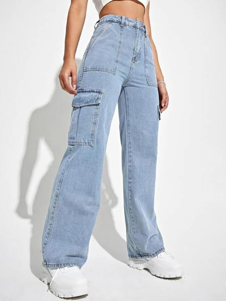 Trailblazer Cargo Denim Jeans – Light Blue Cargo Jeans Side View – Glossia Fashion
