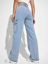 Trailblazer Cargo Denim Jeans – Light Blue Cargo Jeans Back View – Glossia Fashion
