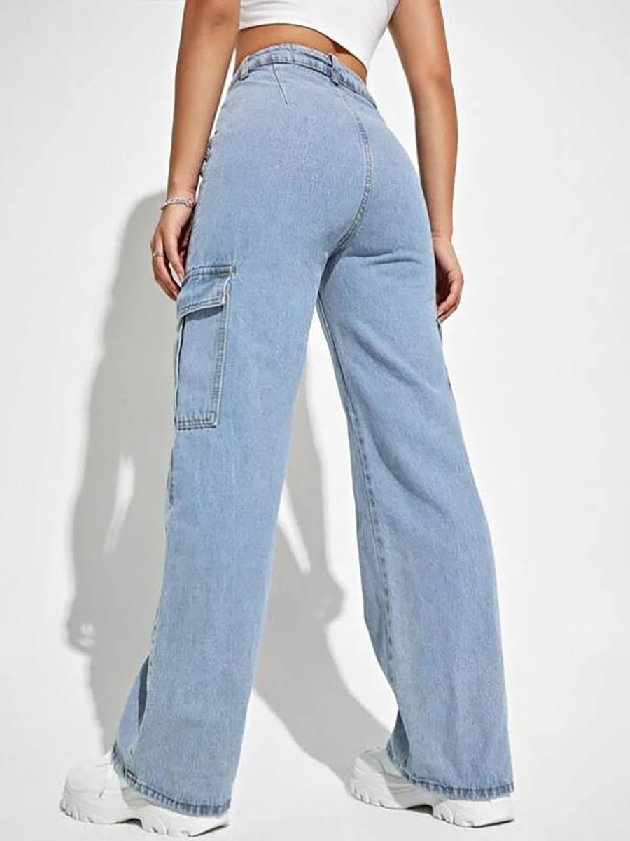 Trailblazer Cargo Denim Jeans – Light Blue Cargo Jeans Back View – Glossia Fashion