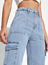 Trailblazer Cargo Denim Jeans – Light Blue Cargo Jeans Detail View – Glossia Fashion