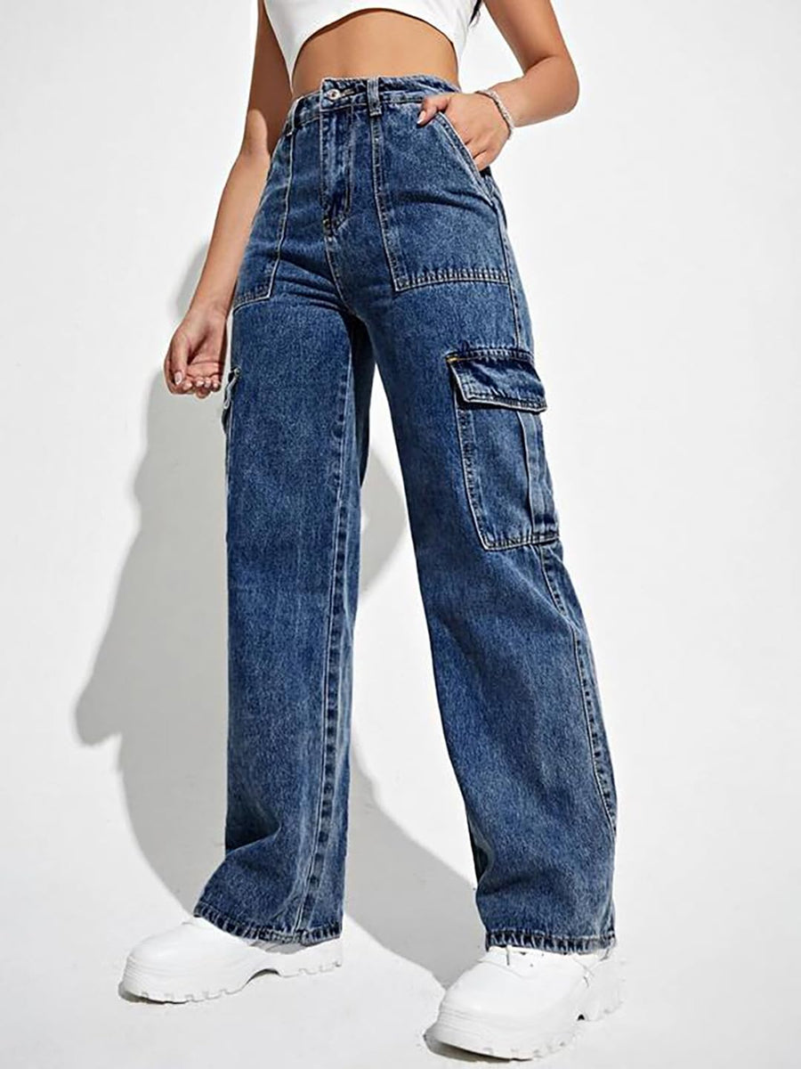 Trailblazer Cargo Denim Jeans – Navy Blue Cargo Jeans Side View – Glossia Fashion