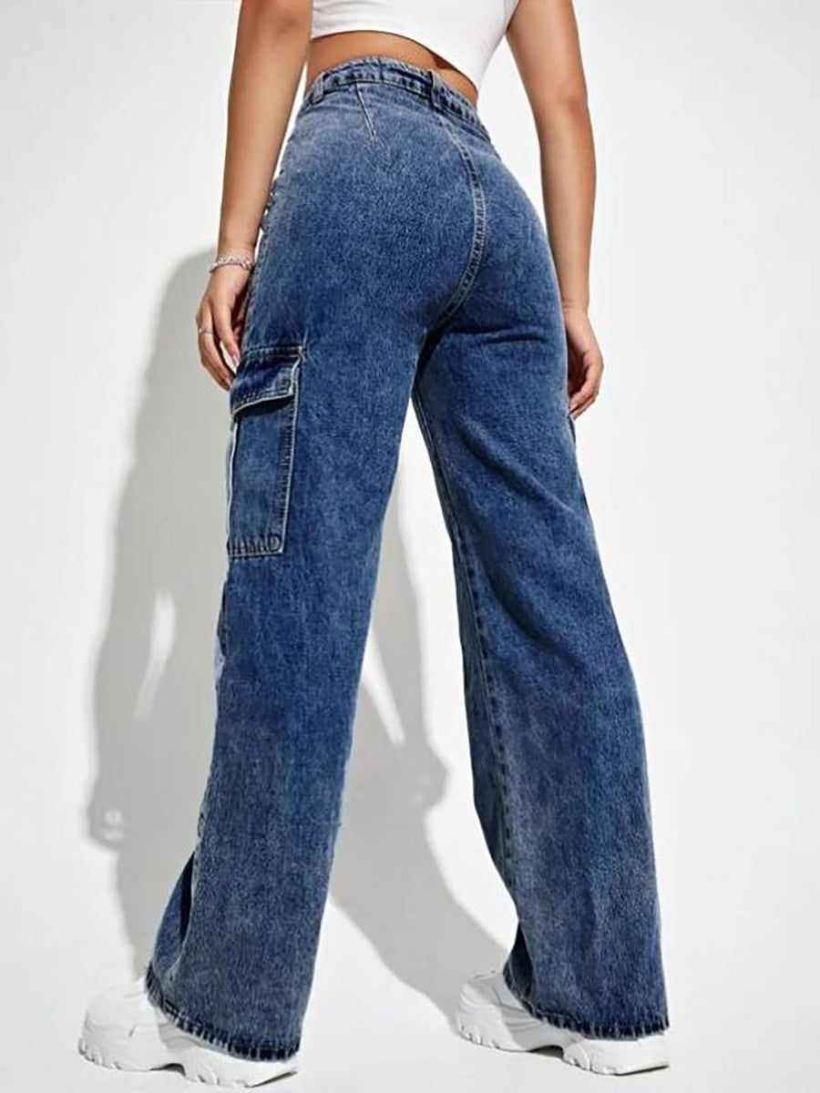 Trailblazer Cargo Denim Jeans – Navy Blue Cargo Jeans Back View – Glossia Fashion