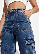 Trailblazer Cargo Denim Jeans – Navy Blue Cargo Jeans Detail View – Glossia Fashion