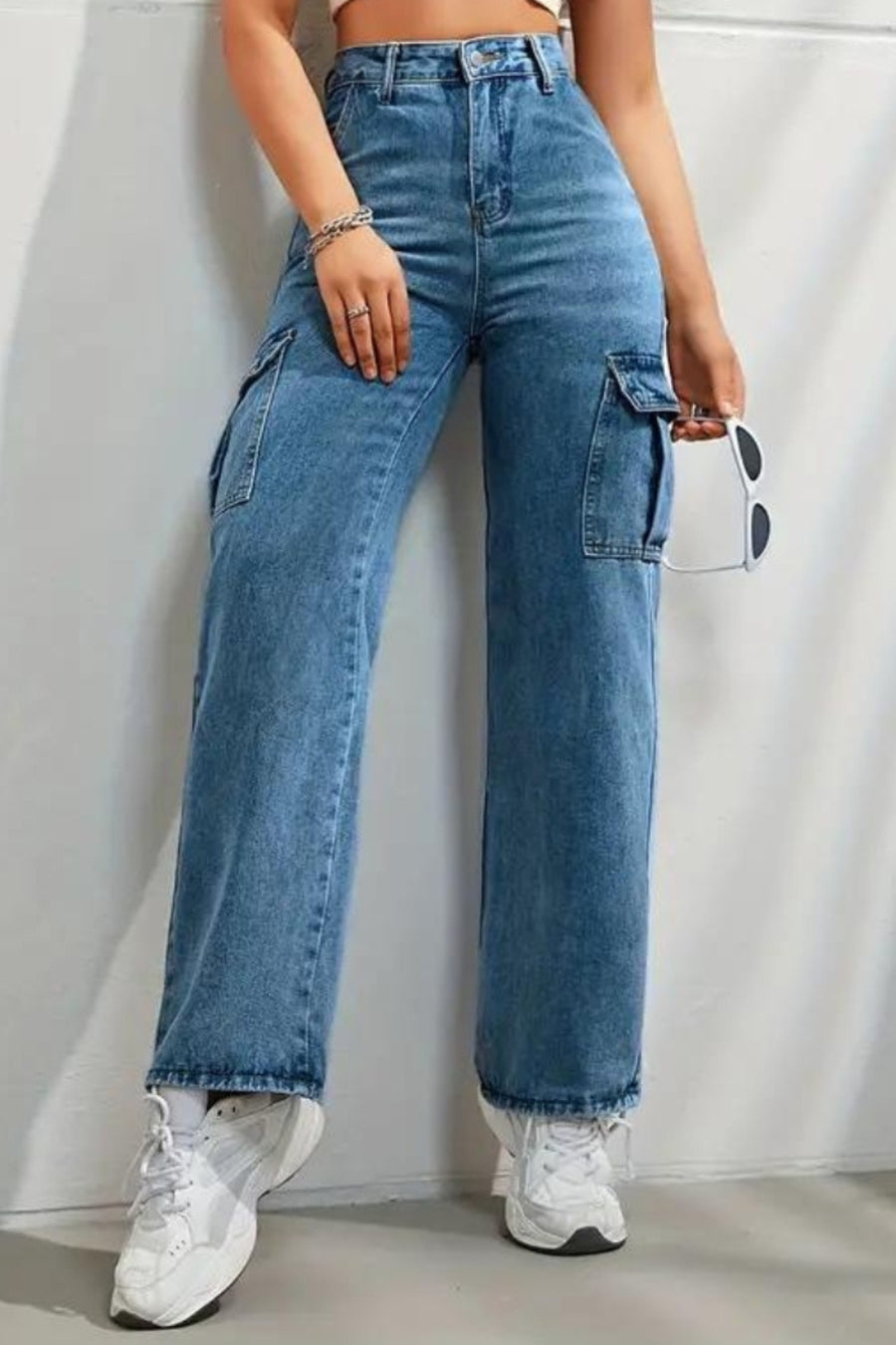 Metro Maven Cargo Jeans – Blue Cargo Jeans Front View – Glossia Fashion