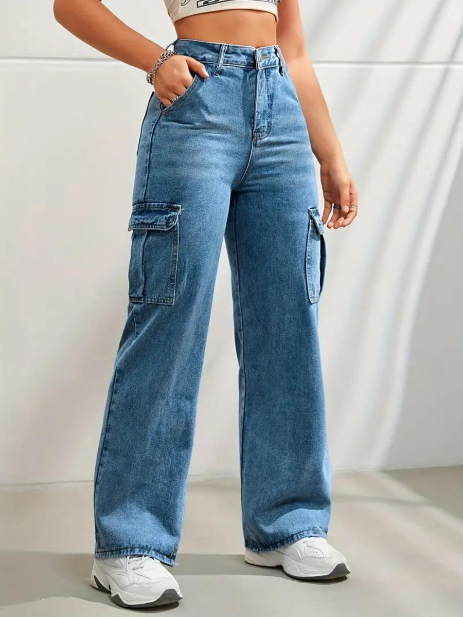 Metro Maven Cargo Jeans – Blue Cargo Jeans Back View – Glossia Fashion
