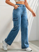 Metro Maven Cargo Jeans – Blue Cargo Jeans Detail View – Glossia Fashion