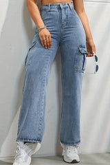 Cityscape Cargo Denim Jeans – Light Blue Cargo Jeans Front View – Glossia Fashion