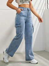 Cityscape Cargo Denim Jeans – Light Blue Cargo Jeans Style View – Glossia Fashion