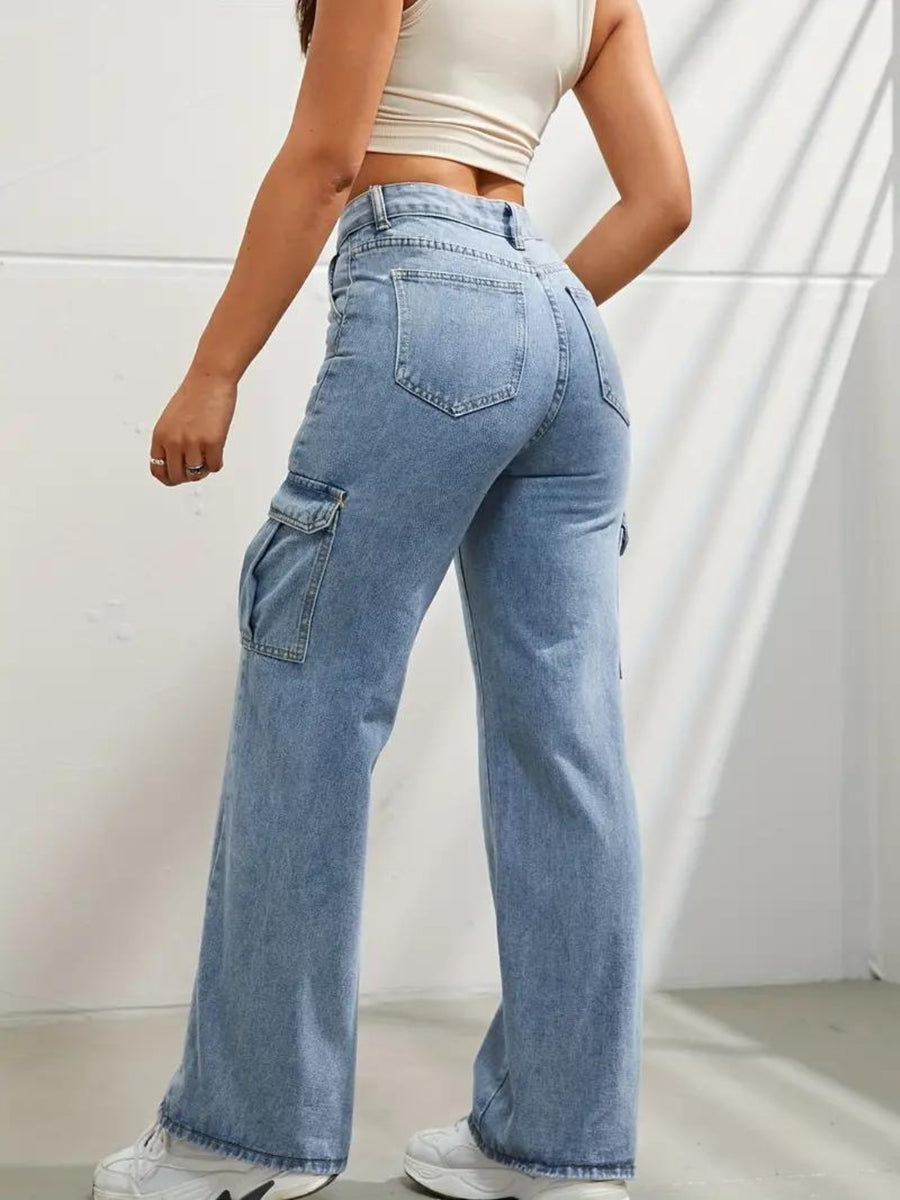 Cityscape Cargo Denim Jeans – Light Blue Cargo Jeans Model View – Glossia Fashion