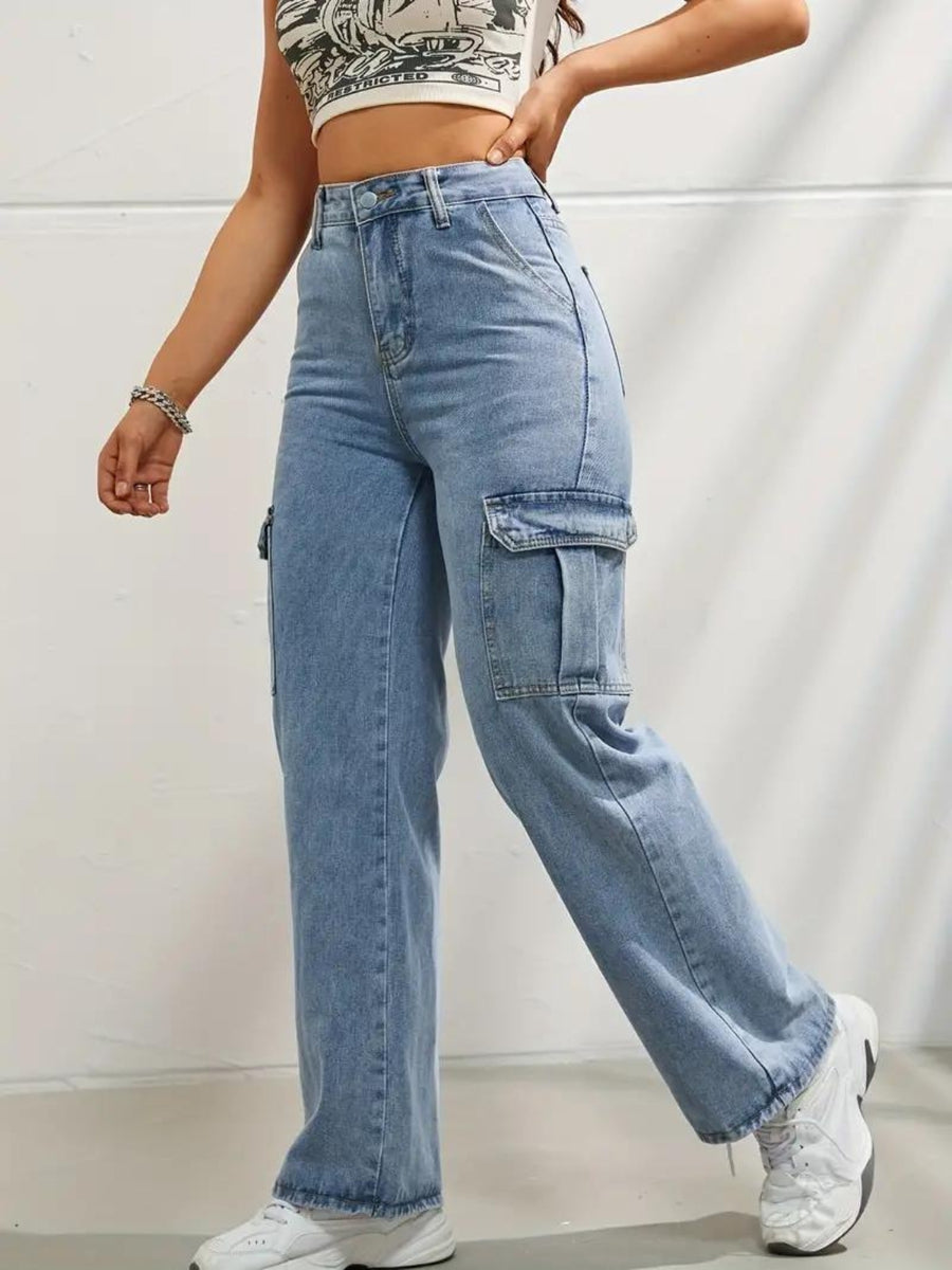 Cityscape Cargo Denim Jeans – Light Blue Cargo Jeans Full Length – Glossia Fashion