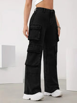 Cityscape Adventurer Cargo Denim – High Rise Cargo Jeans Back View – Glossia Fashion